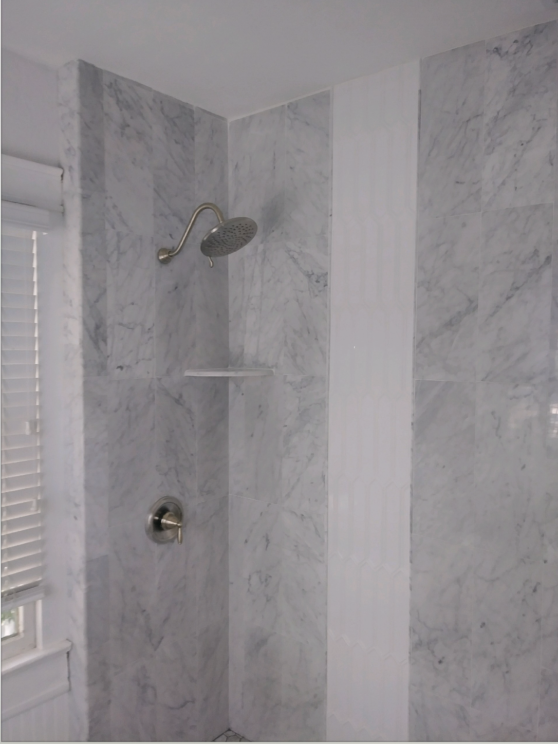 Same custom tile bathroom, detail of niche and accent tile